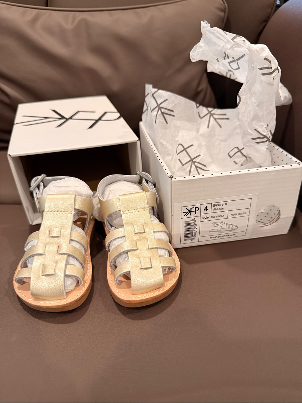 Freshly Picked Bixby II Kids Sandals in Platinum and Tan